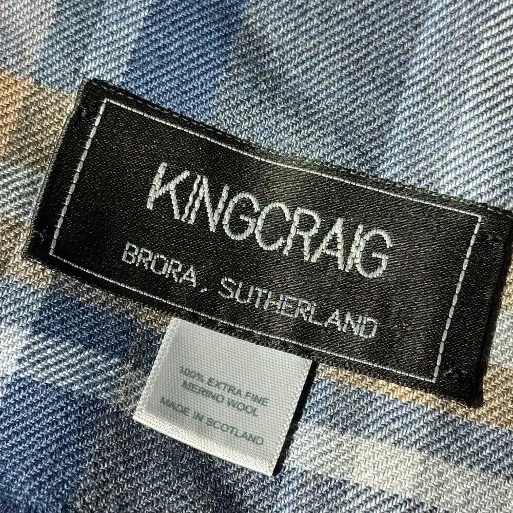 Kingcraig Scotland Extra Fine Merino Wool Plaid Scarf Blue Beige Unisex 71x20